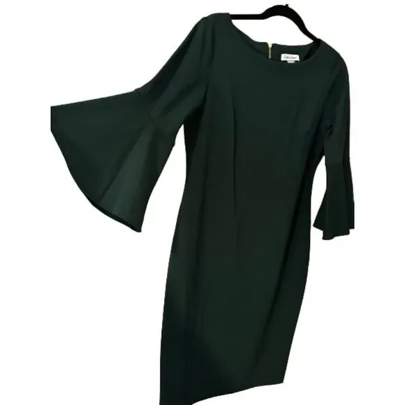 Calvin Klein 3/4 Bell Sleeve Boat Neck Sheath Dress, Green, Size 12 NWT - Picture 4 of 8